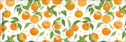 Botanic seamless pattern with yellow mandarin slices. Hand drawn tangerine pattern on white background. Fruit repeated background. Vector bright print for fabric, wallpaper, design, party paper.