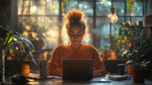 Woman working on a laptop surrounded by plants in a cozy indoor space during ...
