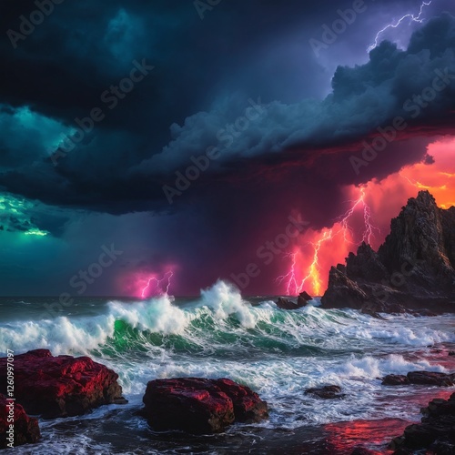 Dark stormy sea with dramatic sky and lightnings