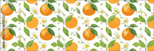 Botanic seamless pattern with yellow mandarin slices. Hand drawn tangerine pattern on white background. Fruit repeated background. Vector bright print for fabric, wallpaper, design, party paper.