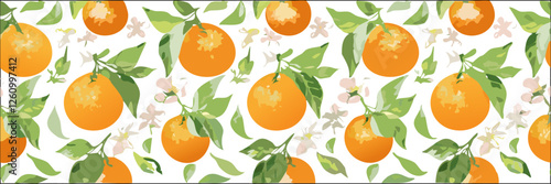 Botanic seamless pattern with yellow mandarin slices. Hand drawn tangerine pattern on white background. Fruit repeated background. Vector bright print for fabric, wallpaper, design, party paper.
