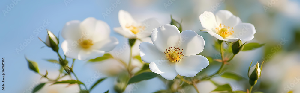 Obraz premium White Roses in Bloom: Delicate white roses, their petals unfurling in the sunlight, create a serene and elegant scene. The soft light and gentle bokeh enhance the ethereal beauty of these blossoms.