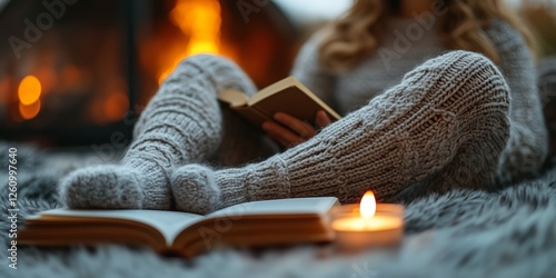 Cozy reading by the fireplace on a chilly evening with warm blankets and cand...