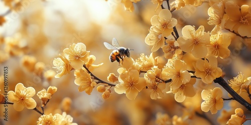 Bee collecting nectar from vibrant yellow flowers in a sunny garden setting