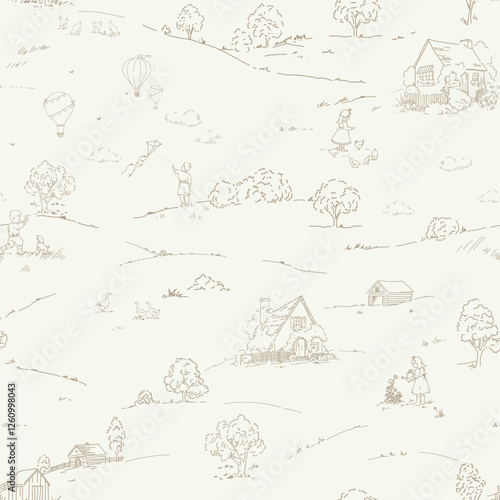 Vintage Landscape vector seamless pattern. Stock hand drawn Illustration. Toile de Jouy design featuring picturesque countryside views.