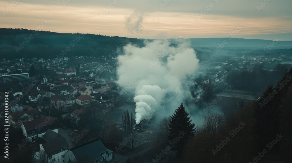 Fototapeta premium Train Smoke Hilltop Town Sunset