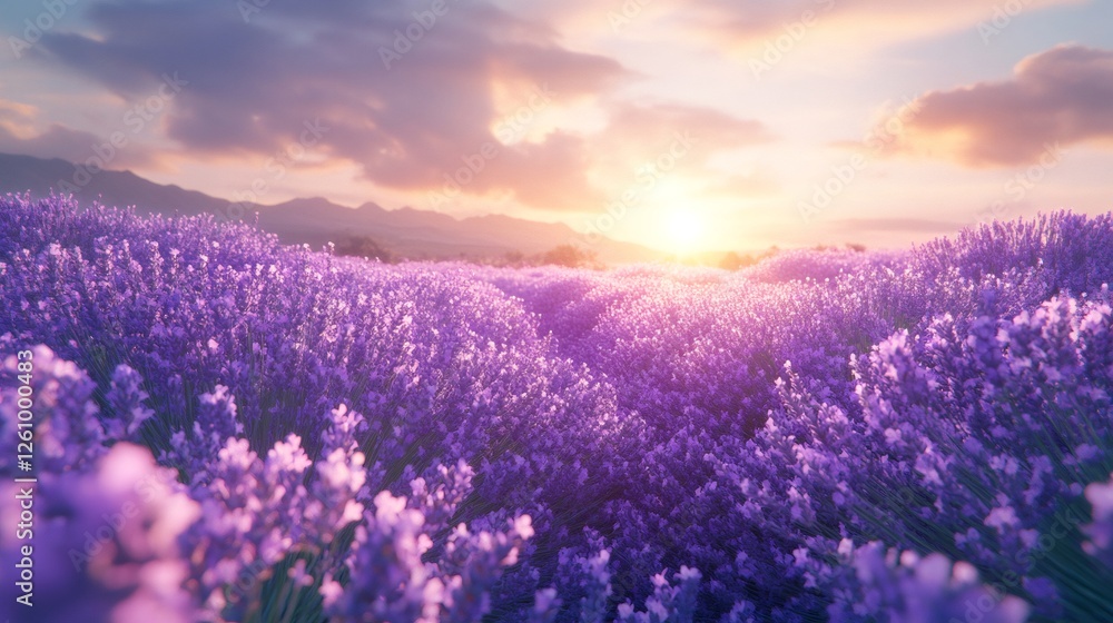 Naklejka premium Sunset illuminating blooming lavender field in provence