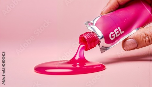 Hand squeezing vibrant pink gel from tube with creative design over pink background
