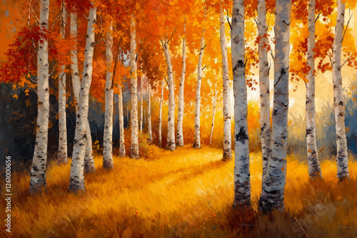 A painting of a grove of birch trees in the fall