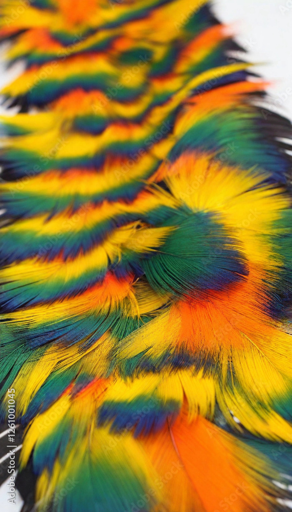 Obraz premium Tropical Bird Feather Dress: A dress that cascades with colorful bird feathersbright oranges, blues, and greensmimicking the exotic beauty of a tropical bird in flight, with subtle feather detailing a