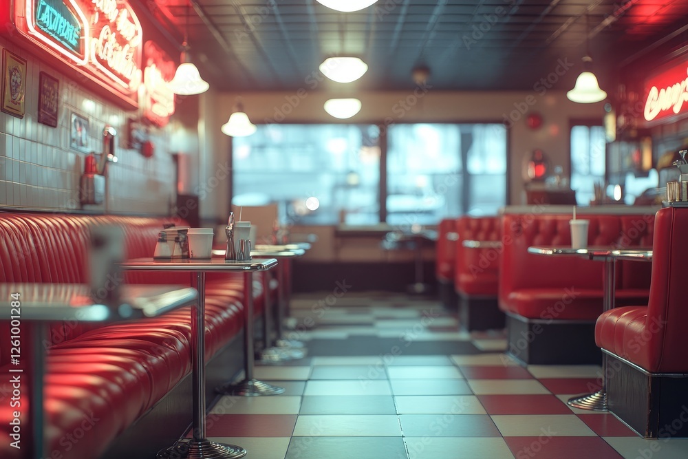 Empty retro american diner interior with red booths and neon signs Empty retro american diner interior with red booths and neon signs