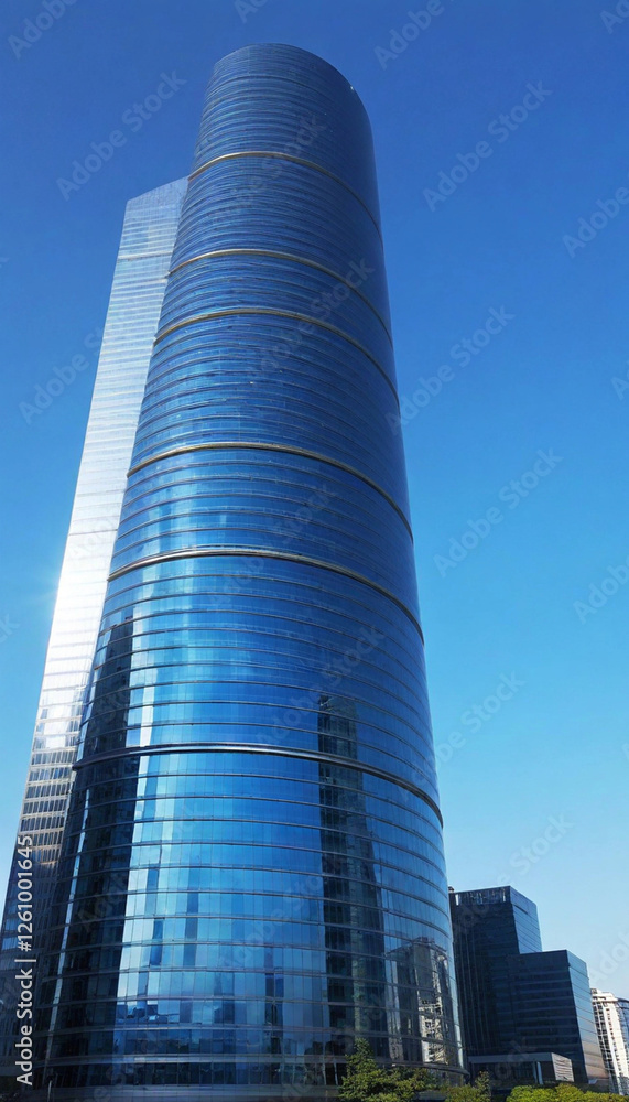 Futuristic Glass Skyscraper: A towering, sleek skyscraper made entirely of reflective glass, featuring curving, organic lines that twist upward, capturing the reflection of the surrounding skyline and Futuristic Glass Skyscraper: A towering, sleek skyscraper made entirely of reflective glass, featuring curving, organic lines that twist upward, capturing the reflection of the surrounding skyline and