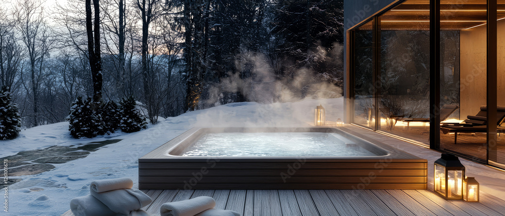Steaming hot tub on a snowy wooden terrace, surrounded by lanterns at winter forest. Cozy, luxurious spa retreat with warm candlelight. Relaxation, wellness, romance, winter escape.Generative ai Steaming hot tub on a snowy wooden terrace, surrounded by lanterns at winter forest. Cozy, luxurious spa retreat with warm candlelight. Relaxation, wellness, romance, winter escape.Generative ai