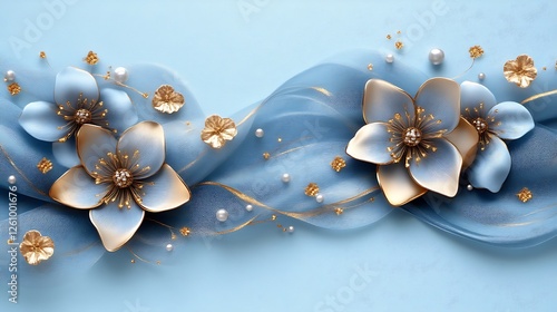 Elegant Blue Flowers Gold Accents Pearl Decor
