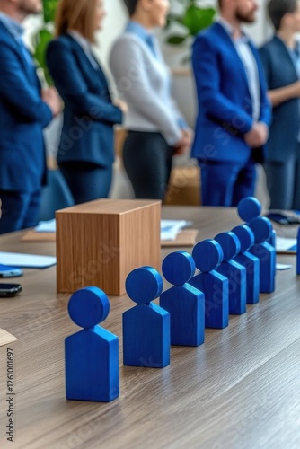 Team meeting with blue figurines representing collaboration.
