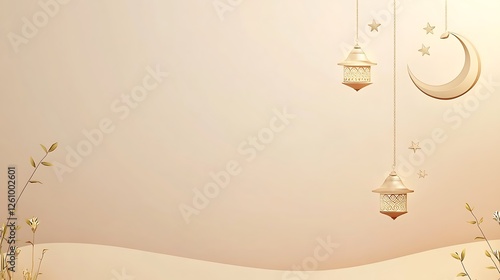 Elegant Ramadan Background Featuring Golden Lanterns and Crescent Moon