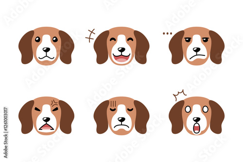 Set of cute character cute beagle dog faces showing different emotions for design.