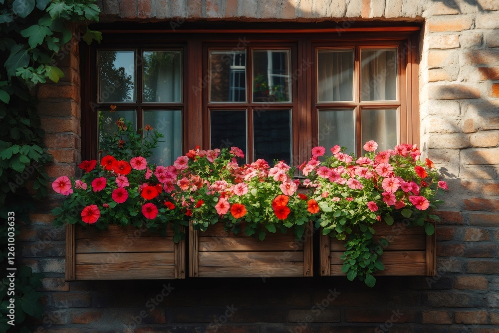 Window boxes overflowing with vibrant red and pink petunias against brick wall Window boxes overflowing with vibrant red and pink petunias against brick wall