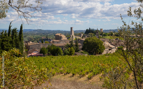 Blick über Weinreben auf das Dorf Aiguèze in Südfrankreich. photo