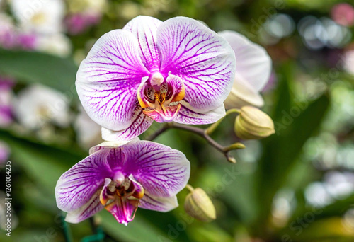 Exotic Orchid Species: A beautifully intricate botanical illustration of rare and exotic orchids with distinct patterns, colors ranging from soft white to deep purple, all set in vivid detail to highl