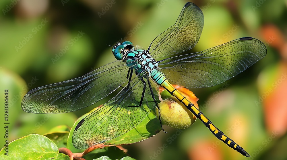 Dragonfly perched on leaf, garden background, nature photography, wildlife image