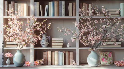 Zoom Background Bookshelves with spring flowers