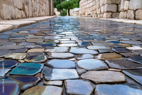 Fototapeta Naklejka Na Ścianę i Meble -  Stone pavement with water drops in the old city