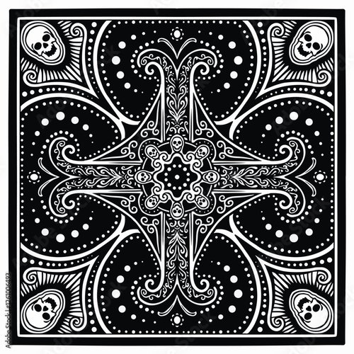 Skull Ornament Pattern Classic Bandana Rug Black And White Handdrawn