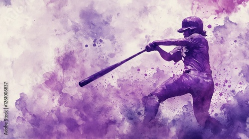 Softball player swinging bat, purple watercolor splash background
