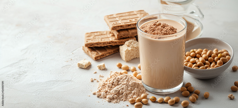 Nutritious soy-based food products including a beverage, beans, protein powder and pressed cake, arranged on a light surface. Nutritious soy-based food products including a beverage, beans, protein powder and pressed cake, arranged on a light surface.
