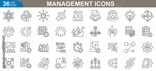 Management icons set. Professional vector illustrations representing project management, task organization, leadership, time management, strategy planning, team collaboration and more.
