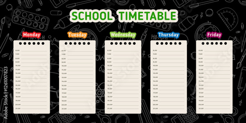 School timetable design with separate sections for each day of the week , time slots for organizing classes and activities