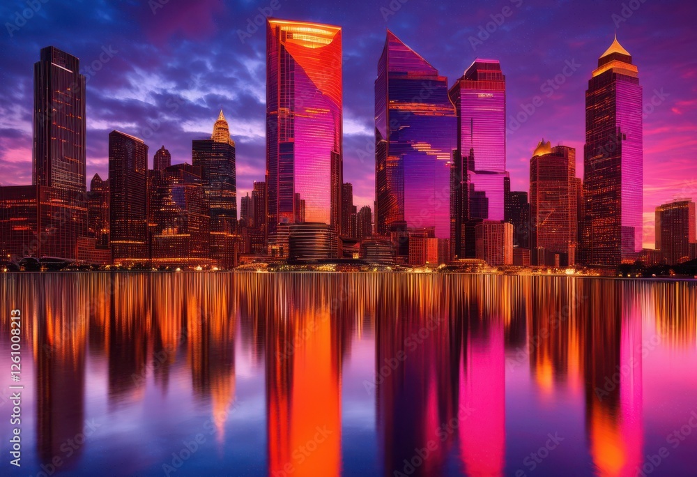 Fototapeta premium captivating dusk skyline reflections glass surfaces emphasizing architectural beauty vibrant colors, architecture, urban, city, buildings, sunset, evening