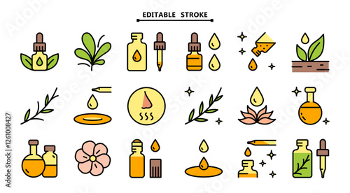 Essential oils aromatherapy vector flat icons set. Editable stroke. Linear pictogram for spa salon. Vector symbols for website design, mobile app, ui