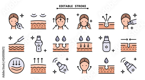 Facial Skin Cleaner color icons set. Editable stroke. Face skin healthy. Device peeling simple vector