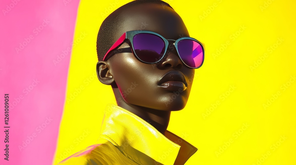 Bold chromatic portrait of a model with sunglasses against vibrant backdrop Bold chromatic portrait of a model with sunglasses against vibrant backdrop