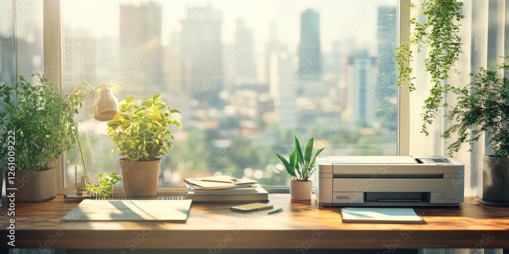 Bright Home Office with City View: Printer, Plants, and Sunlight Bright Home Office with City View: Printer, Plants, and Sunlight