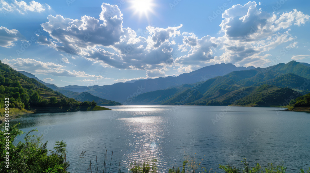 Fototapeta premium A breathtaking mountain landscape featuring clear water, majestic peaks, and a stunning blue sky adorned with fluffy clouds. Perfect for themes of nature, serenity, and outdoor beauty.