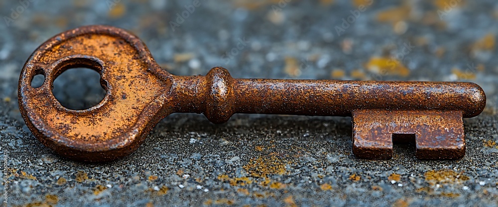 Rusty old key on ground, outdoor background Rusty old key on ground, outdoor background