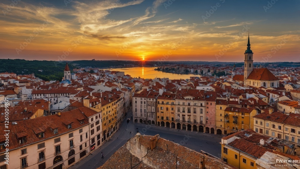 Fototapeta premium Sunset over the old town on the river