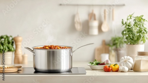 Pot of homemade food on a stove in a warm inviting kitchen with a spoon nearby
