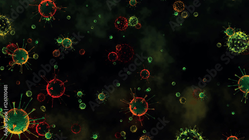 Abstract of many viruses in the background. Bacteria moving in space. Virus cells under a microscope. Pathogens. Outbreak of bacteria and viruses, pathogens. Pandemic idea. Vector