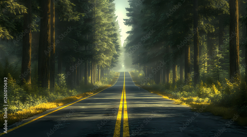 Fototapeta premium Into the Mist: A winding road, lined with towering evergreen trees, disappears into a veil of mist. Sun rays peek through the foliage, casting long shadows and creating a sense of mystery. 
