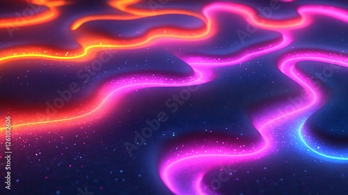 Abstract Neon Glowing Lines Over Glittering Surface