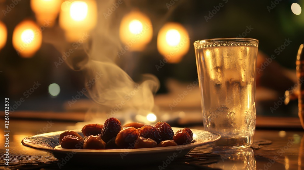 Obraz premium Close-Up of a Plate of Dates, Glass of Water, and Steaming Bowl of Soup Set on a Table Ready for Iftar During Ramadan, with the Soft Glow of Lanterns in the Background