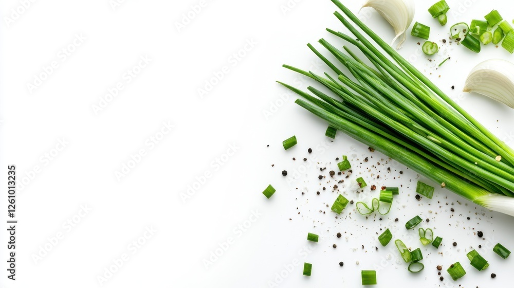 Naklejka premium Fresh green onions with pepper salt scattered on white