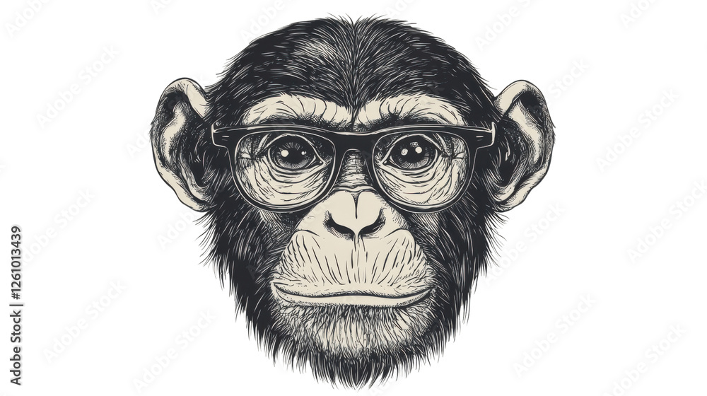 Curious chimpanzee wearing glasses on transparent background Curious chimpanzee wearing glasses on transparent background