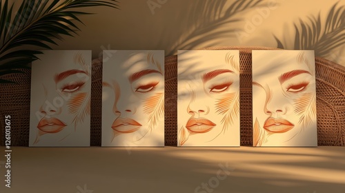 Artistic Display of Facial Prints with Shadow Play and Natural Decor Elements in Warm Tones
