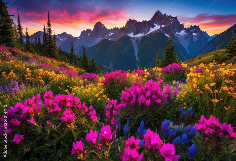 Obraz premium majestic mountains framed bright seasonal blooms under clear blue skies creating vibrant natural landscape, flower, nature, beauty, plant, terrain, color