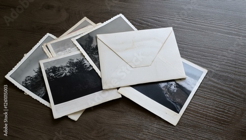 바랜 색감의 오래된 흑백 사진들이 책상 위에 흩어져 있다